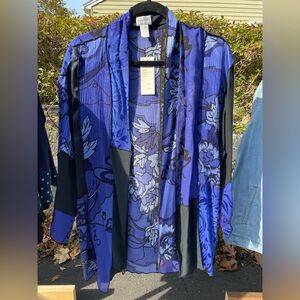 Blue and Black Floral Kimono Open Blouse